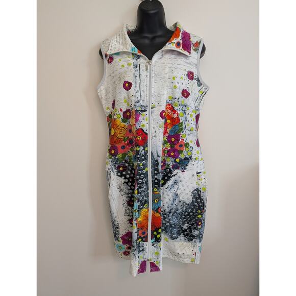 Art Simply by Dolcezza Colorful Floral Full Zip Sleeveless Dress M Pockets - Picture 2 of 11